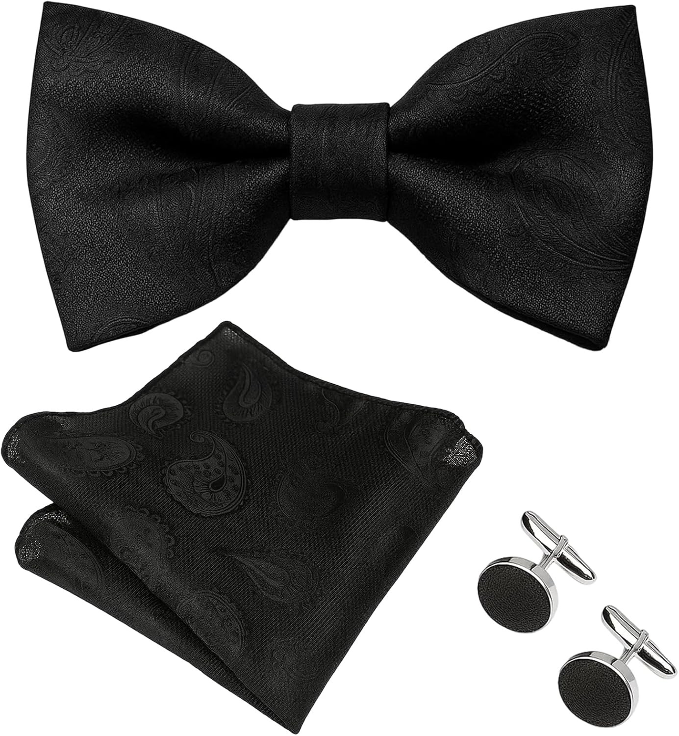 Bow Ties for Men, Black Bow Tie, Set with Pocket Square and Cufflinks, Formal A