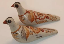 Vtg Tonala Mexican Folk Art Hand Painted Pottery Signed Dove Birds Figurines (2)