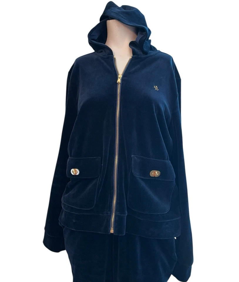 Conjunto de Calças Lauren Ralph Lauren Grande Azul Escuro Veludo Terno de Trilha Zíper Jaqueta LRL - Imagem 4 de 4