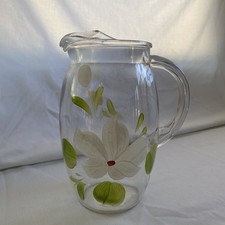 Bartlett Collins Hand Painted Glass Floral Pitcher w/ice lip 7.25" Vintage