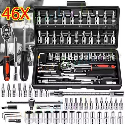 46-tlg Steckschlüssel Satz Set 1/4'' Knarrenkasten Ratschenkasten Nusssätze Tool