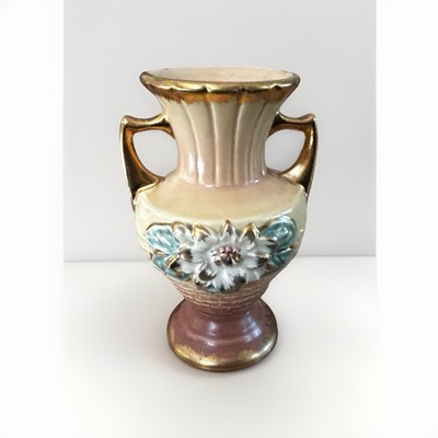 Hull Art USA Pottery Double Handled Water lily Vase L-5-61/2 White Gold 1940s