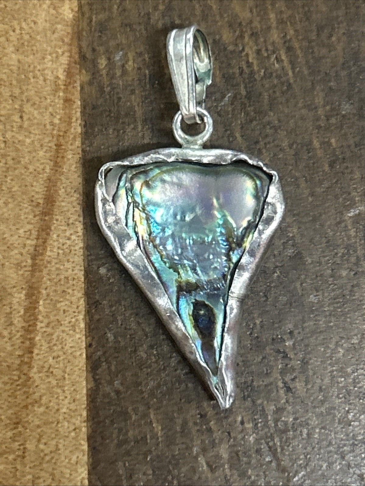 Sterling Silver Abalone Shell Triangle Pendant 1.… - image 1
