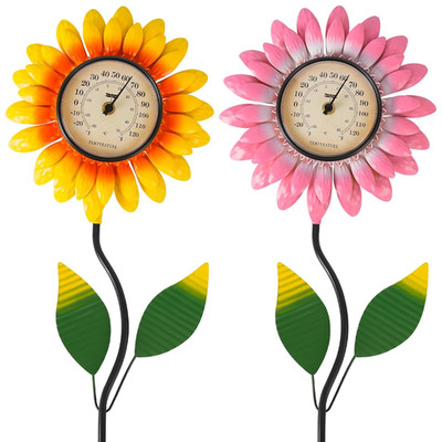 2 Pack Outdoor Thermometer, 39 Inch Metal Sunflower Garden Metal Stake outside T