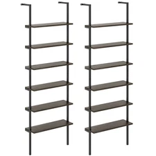 2 PCS 6-tier Ladder Shelf 72 Inches Industrial Wall Mounted Bookshelf Brown