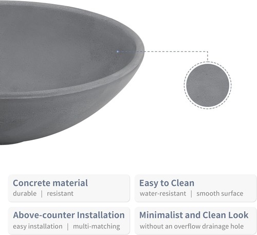 Round Bathroom Vessel Sinks, Concrete, Grey Sink Bowl, 16" Bathroom Sink Bowl - Picture 7 of 8