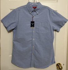 NWT Cremieux size L slim fit blue short sleeve button up cotton shirt mens
