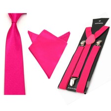 Men Solid Stretch Suspender Brace Skinny 5CM Neck Tie Necktie Handkerchief Set