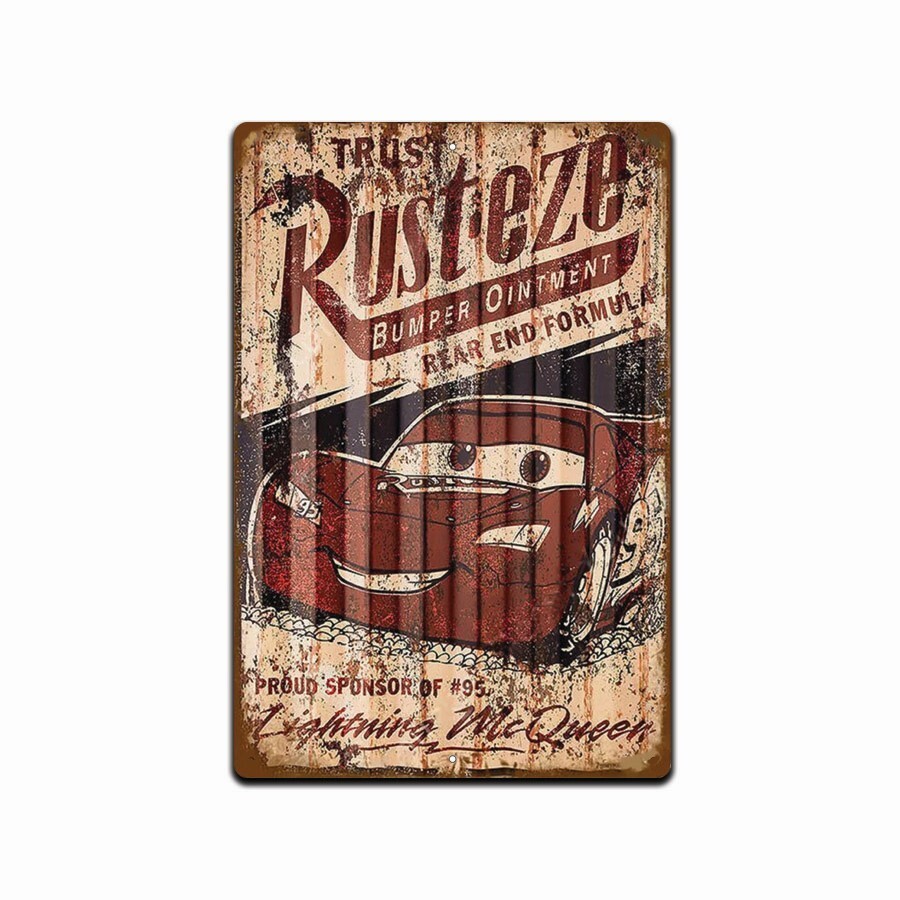 A Rust-Eze Bumper Ointment metal sign straight from Cars lore — retro garage décor with a wink that any Disney/Pixar fan will clock immediately.