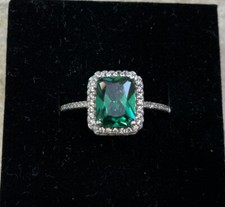 925 Sterling Silver 3.6CT Emerald Cut Cubic Zirconia CZ Halo Engagement Ring (R)