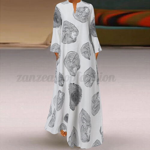 Abito donna casual vacanza sciolto manica lunga scollo a V oversize lungo maxi camicia - Foto 11 di 28