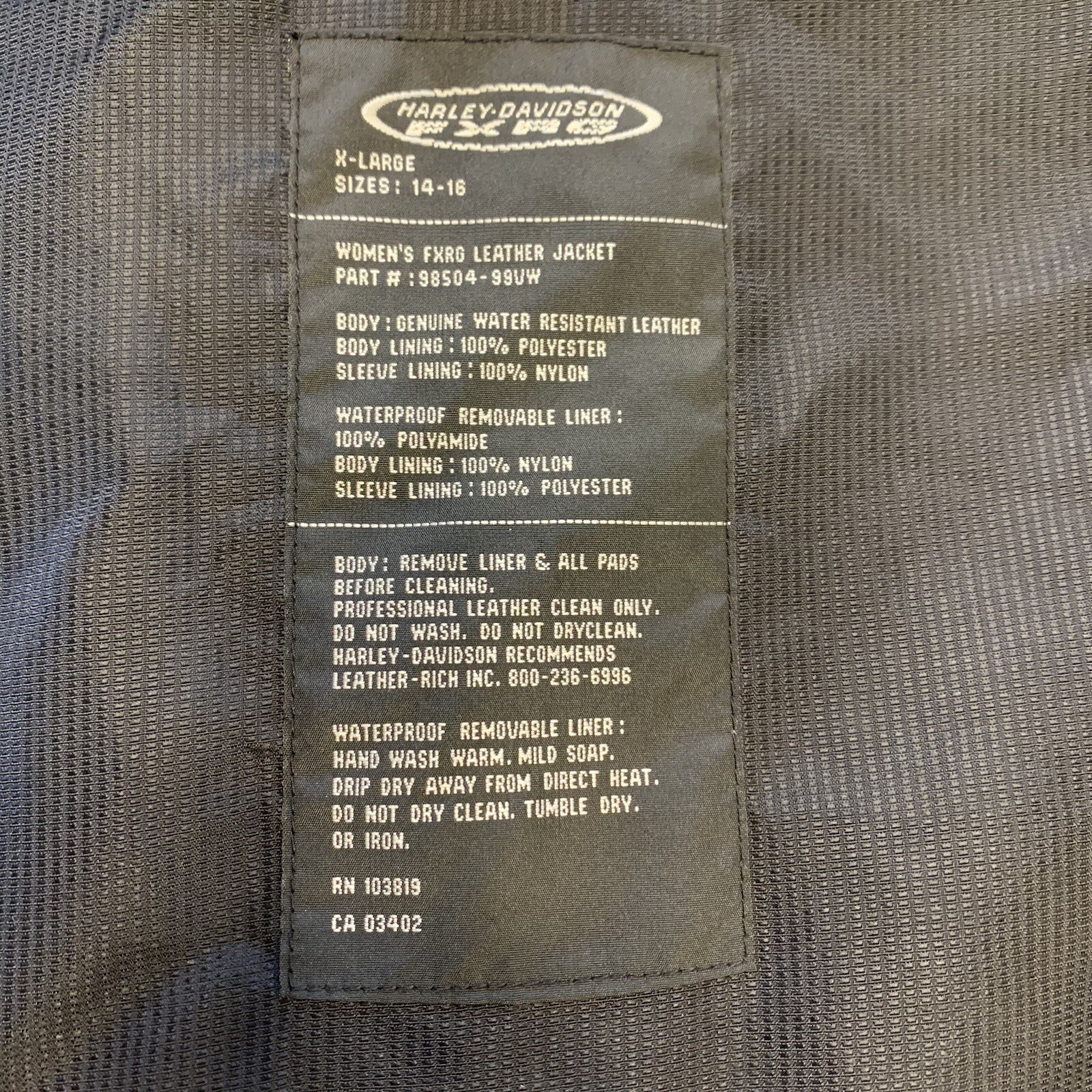 Harley Davidson Replacement Liner For Women’s FXRG Leather Jacket Women