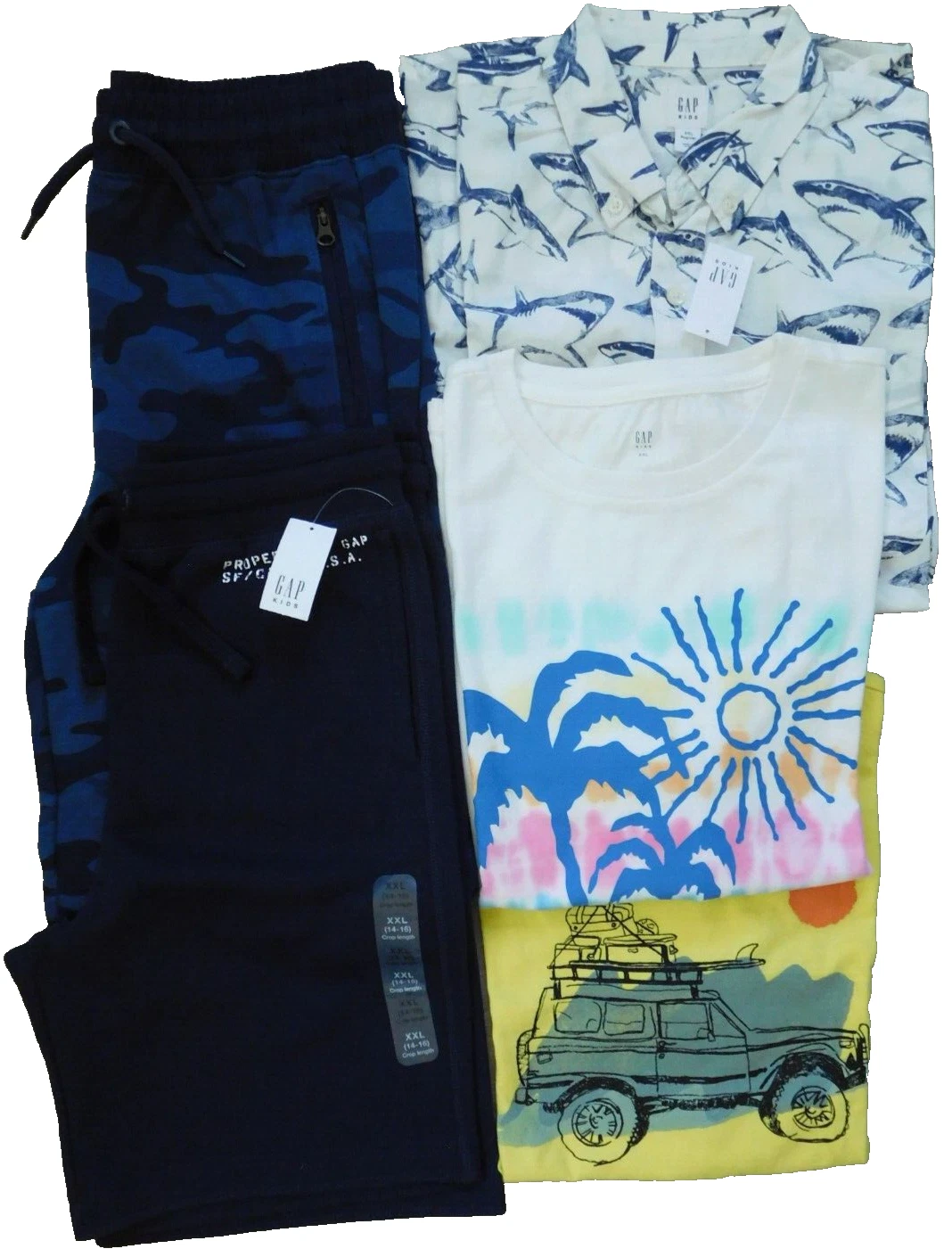 Gap Boys 14-16 Tops Shorts graphics Tees Button Down Shirt & 2 Shorts 5-PC NWT