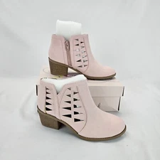 Children Girls Perforated Cut Out Stacked Block Heel Ankle Booties Sz 4