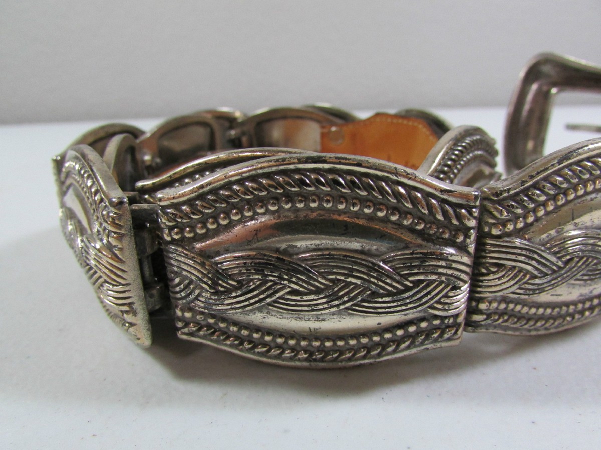 Vintage 90\'s Cowgirl Brighton Silver Metal Buckle & Leather Belt Size 36 Vintage Black Leather Brighton Tooled Silver Buckle Pressed  main image 4