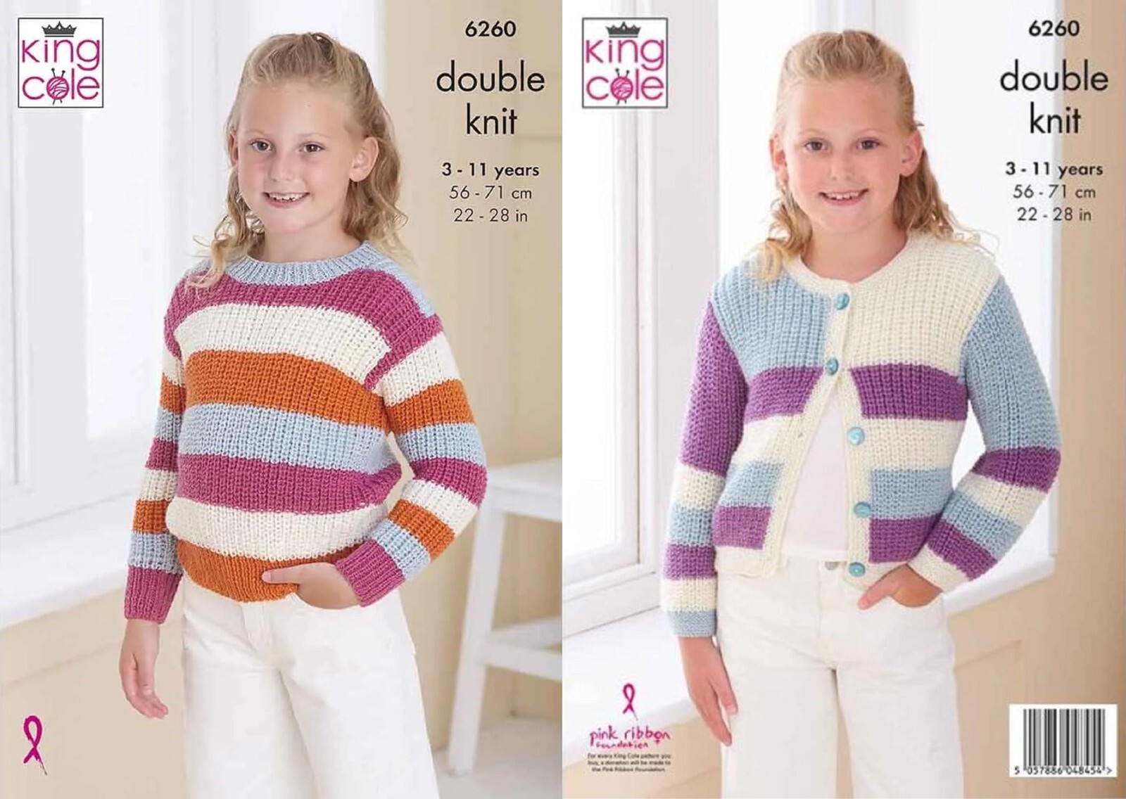 King Cole Kids Double Knit Knitting Pattern Girls Sweater & Button Cardigan (6260), 22” – 28” (56cm – 71cm) - Image 3