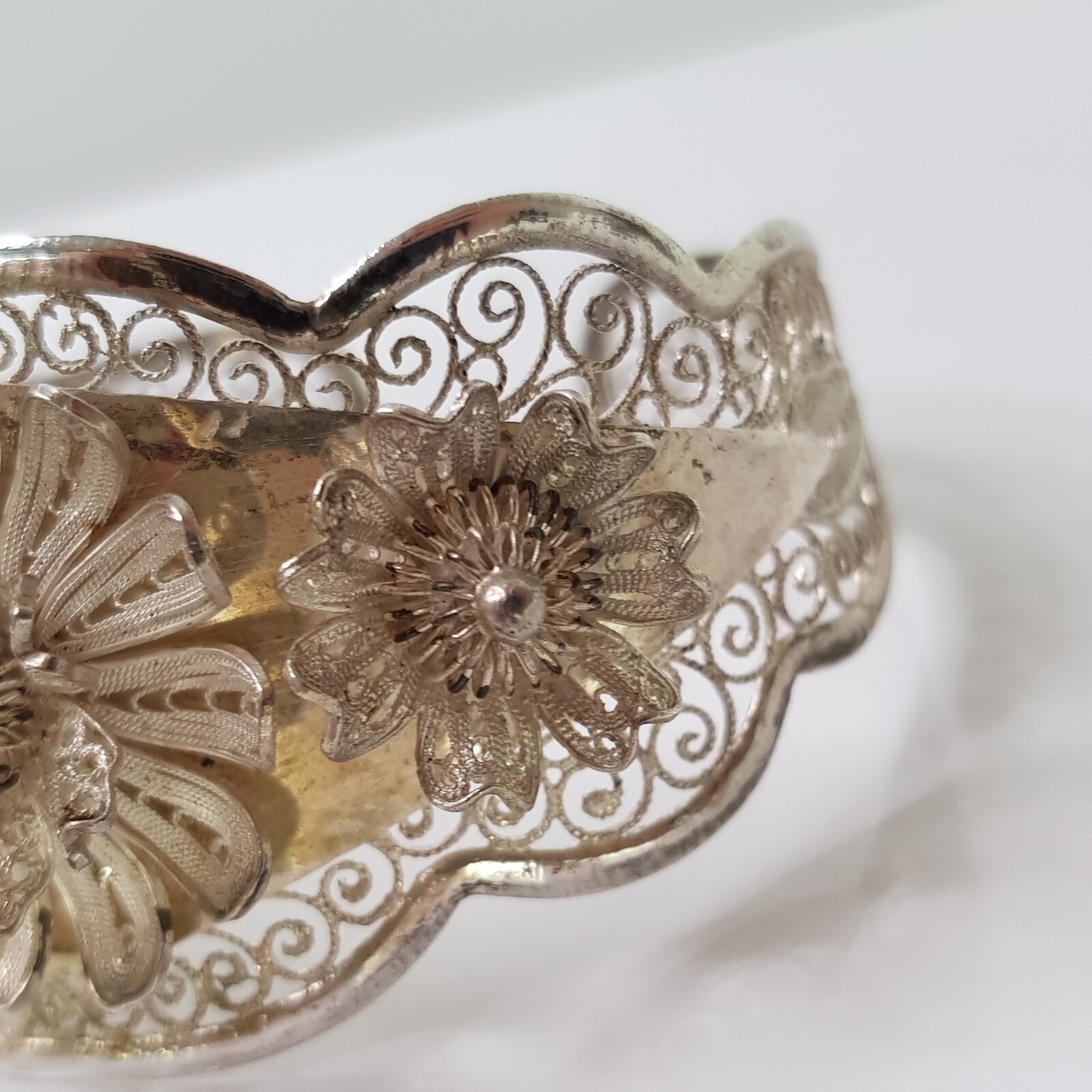 Vintage 900 Solid Silver Filigree Cuff Bangle Flo… - image 10