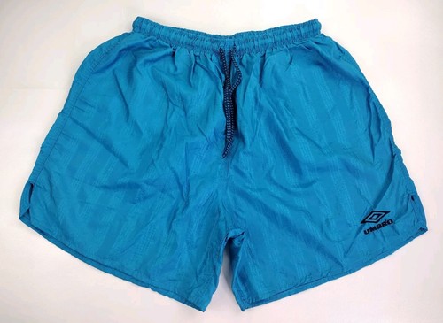 Vintage 90er Herren Umbro Fußball Fußball Blaugrün Blau Shorts Gr. XL 5,5" Innennaht gestreift