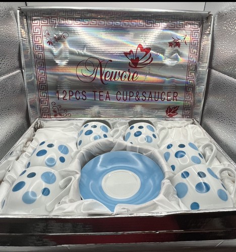 Teal/ Navy Blue Polka Dot Set Of 6 Tea Cups 5 Saucers W/ Box By Sigma/Newore