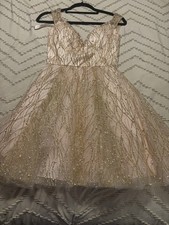 Morilee Gold Glitter Fit & Flare Sleeveless V-Neck Short Tulle Dress XS