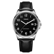Wristwatch 40MM Minimalist Waterproof Quartz Date Black Leather Strap Silver Men