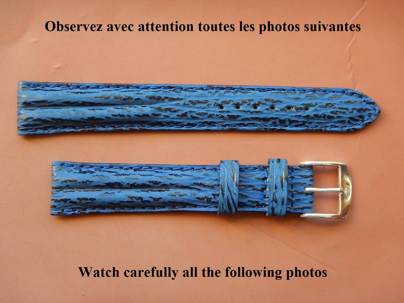 Bracelet montre 18mm XL en requin véritable bleu clair étanche à double jonc