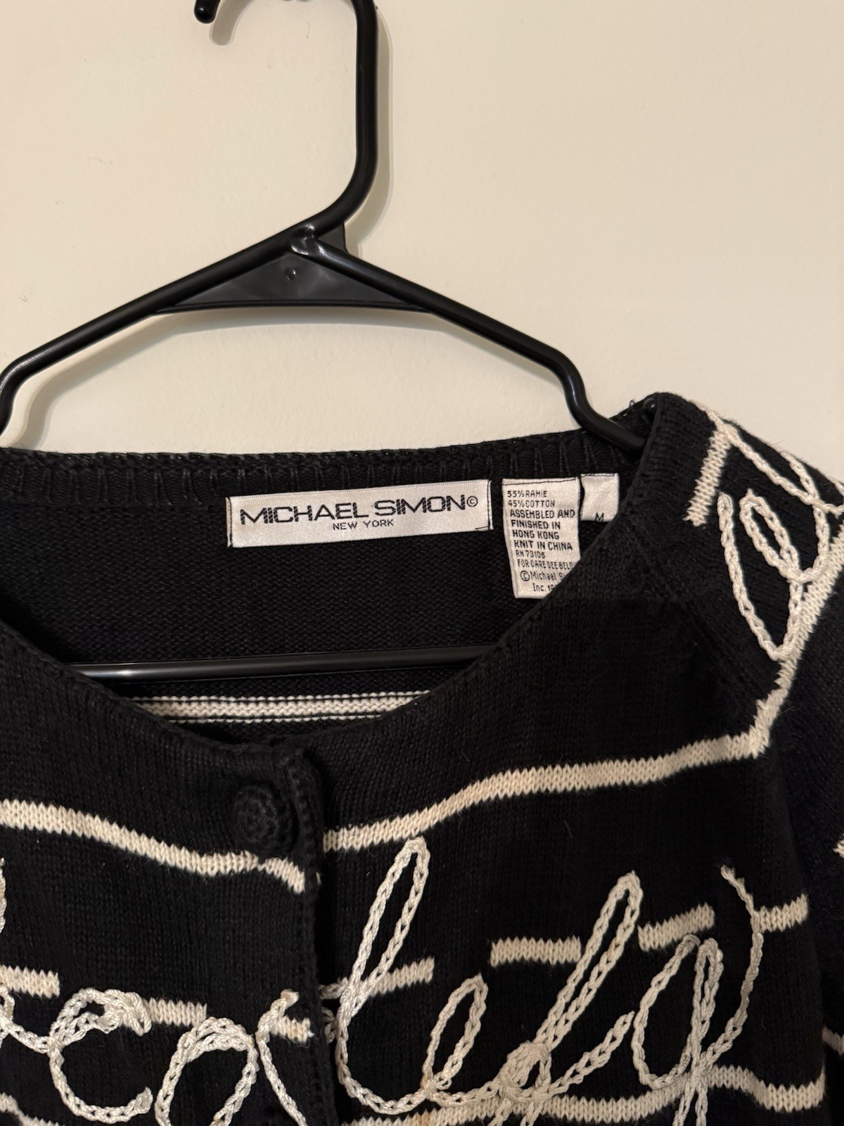 Michael Simon Black White Script Embroidered Knit… - image 3