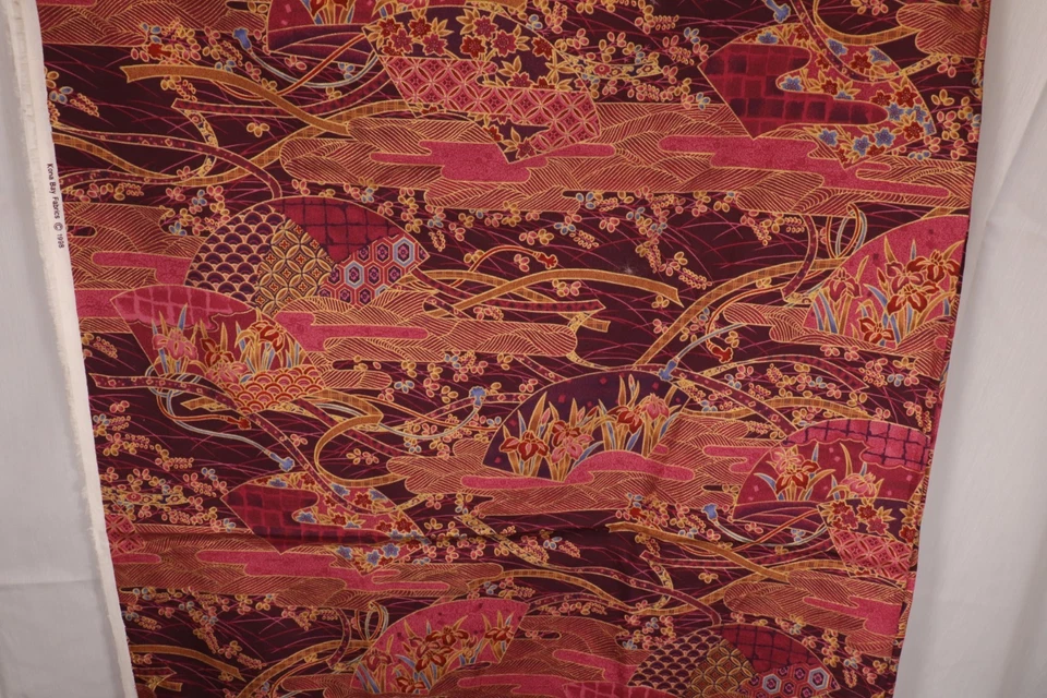 72"L x 44"W Kona Bay Fabric 1998 Asian Look Fans River Iris Flowers Red Gold - Image 2 of 4