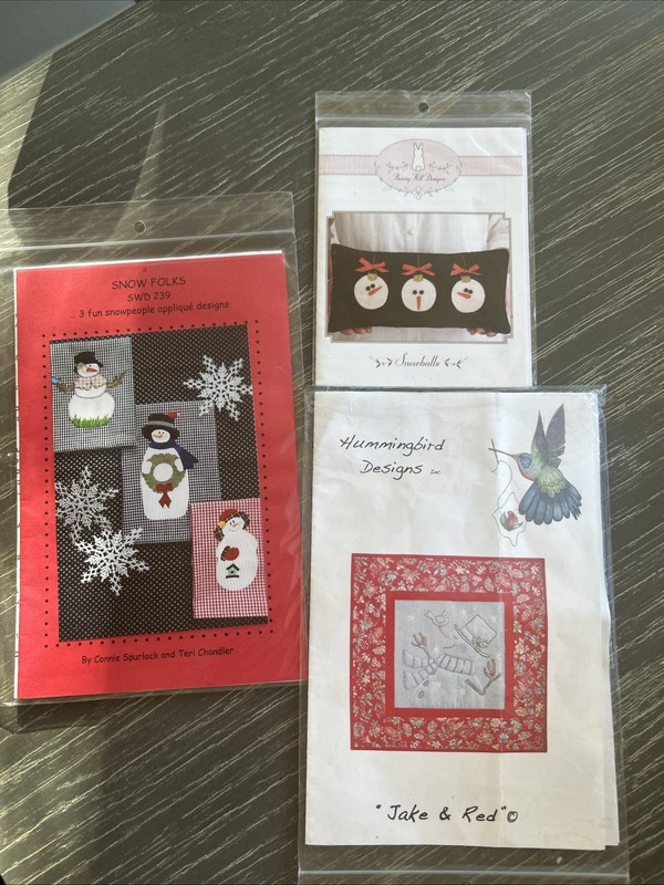 Lot of 3 Snowman PATTERNS Appliqué Quilting  Embroidered Pillow Block Sewing NIP