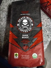 Death Wish Coffee, Organic and Fair Trade Dark Roast Whole Bean Coffee, 16 Oz