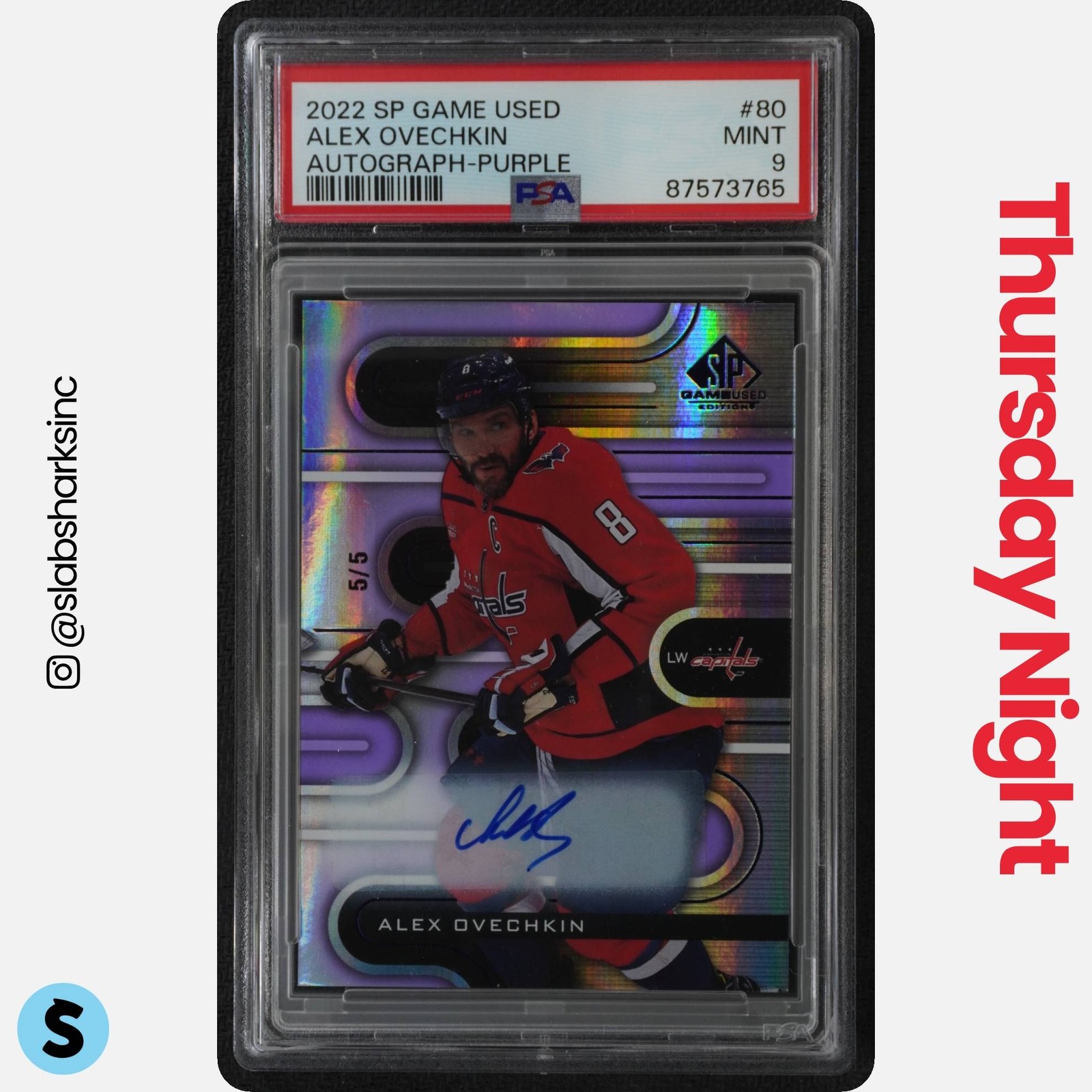2022 UPPER DECK SP GAME USED #80 ALEX OVECHKIN PURPLE AUTO /5 PSA 9
