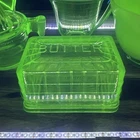Vtg Anchor Hocking Block Optic GREEN Uranium Glass BUTTER DiSH 1930s, BASE & LiD
