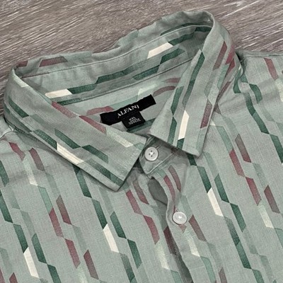 Alfani Mens XXL Short Sleeve Button Down Shirt Green Geometric Abstract Cotton