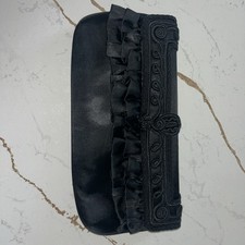 Black Satin Evening Clutch Purse Black Ruffle Detail Strap And Tiny Hand Mirror