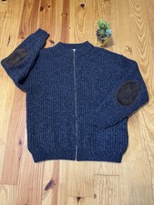 Woolrich Full Zip Wool Blend Sweater Jacket Mens LRG Ash Navy Elbow Patches VTG