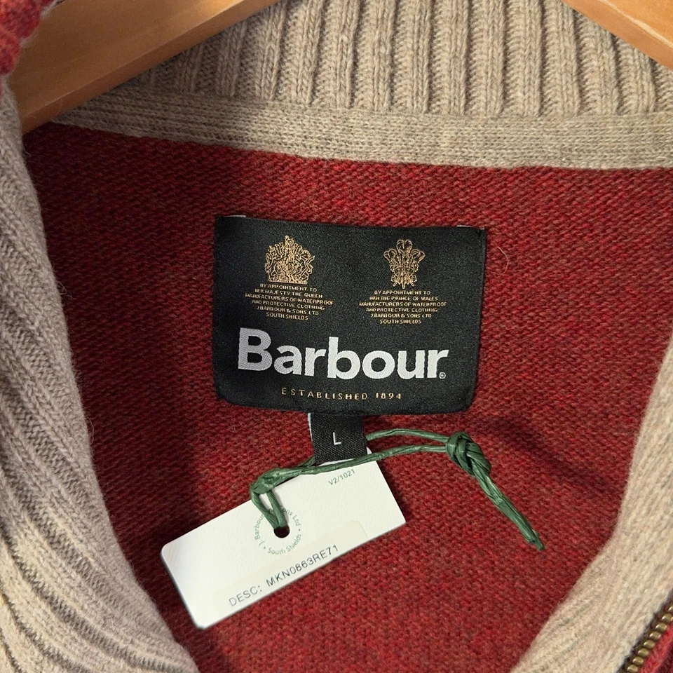 Barbour Wool Sweater Men Large Red Nelson Half Zip Mock neck Pullover Ribb Cuffs - Image 4 of 4