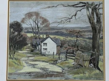 Vintage Original pastel drawing of rural landscape signed by Moira Huntly B.1932