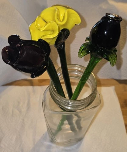 3 Vintage Hand Blown Long Stem Murano Style Art Glass Flowers & Roses 12”