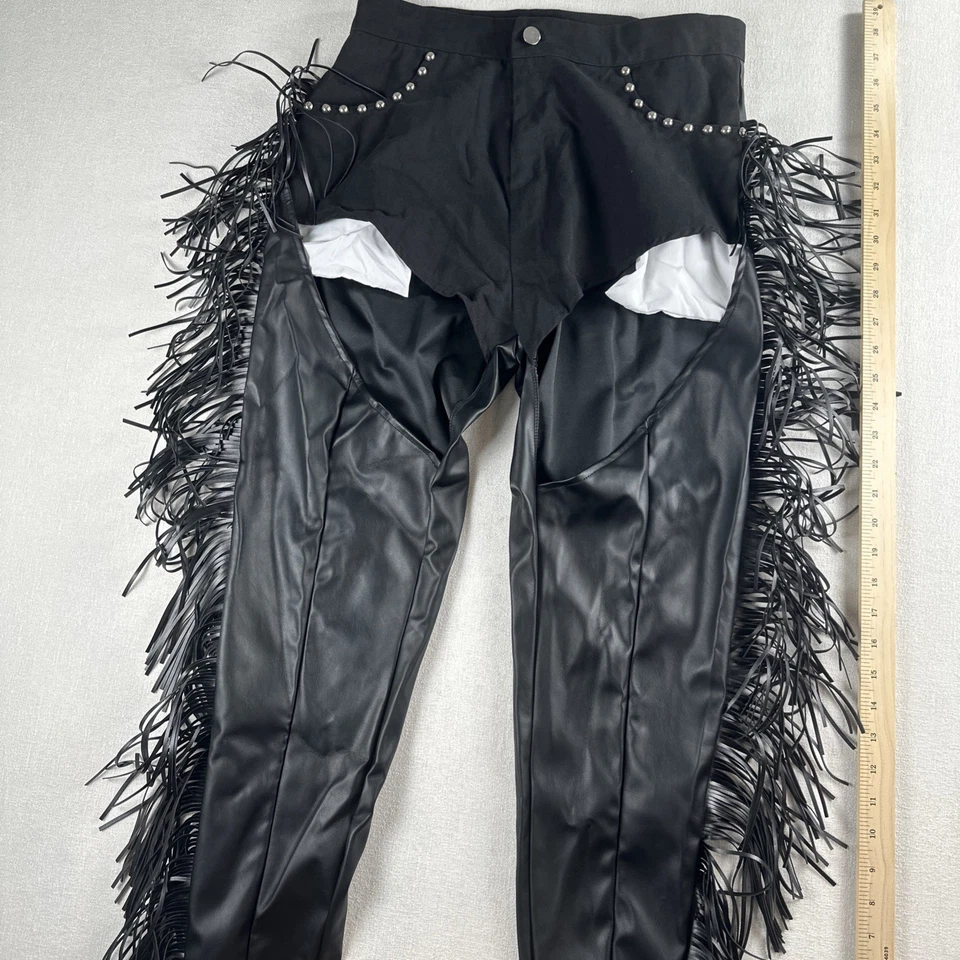 Women's black Pleather fringe motorcycle / equestrian chaps/cutout size large Foto 2 de 4