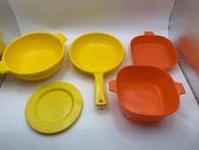 Lot Of 5 Plastic Pretend Kid Toy Kitchen Dishes Pots Pans Orange Yellow VTG