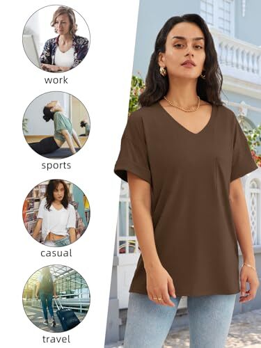 Womens T Shirts 2024 Short Sleeve V-Neck Shirts Cute Fit Summer Medium Brown - Picture 7 of 7
