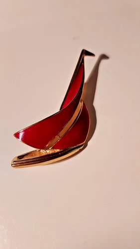 Trifari Vintage Sailboat Brooch Red Trifari TM 1980s Thru 1990s Used