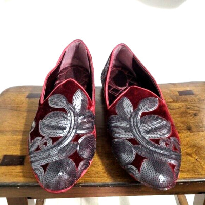 Birdies Size 12 The Heron Burgundy Velvet Sequins Almond Toe Loafer Ballet Flat