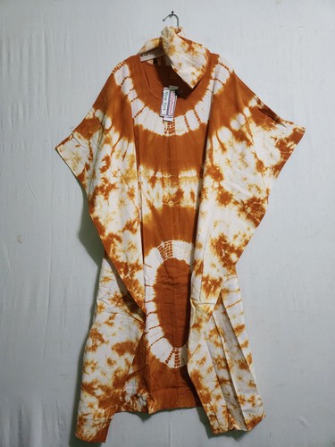 Women African Tie Dye Kaftan Long Dress 100% Cotton Free Size 56" around Mustard - Picture 21 of 23