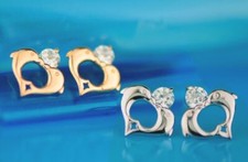 14k Yellow White Gold Double Dolphin Earrings