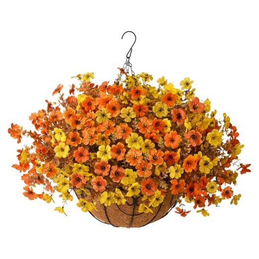 Fall Artificial Fake Hanging Baskets Flowers for Outdoors Orange Yellow