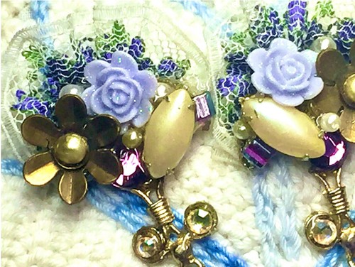 OOAK Victorian Purple Floral Lace Pearl Rhinestone Assemblage Pierced Earrings - Picture 9 of 12