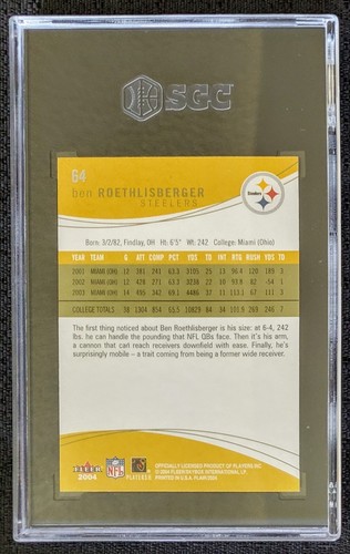 2004 Ben Roethlisberger (RC) SGC 10 Pittsburgh Steelers Fleer Flair NFL Card #64 - Picture 3 of 3