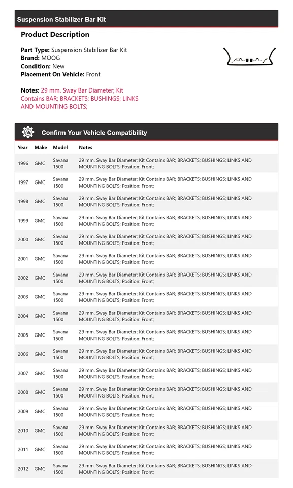 For 1996-2012 GMC Savana 1500 Suspension Stabilizer Bar Kit Front MOOG 1996 1997 - Image 2 of 4