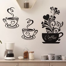 Kitchen Wall Decor Sticker Coffee Tea Cup Flower Wall Art Decor Sticker Black...